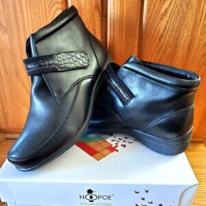 HOOPOE WOMEN BLACK BOOTIES LEATHER SIZE 9 EXTRA WIDE YANA COMFORT ADJUSTABLE